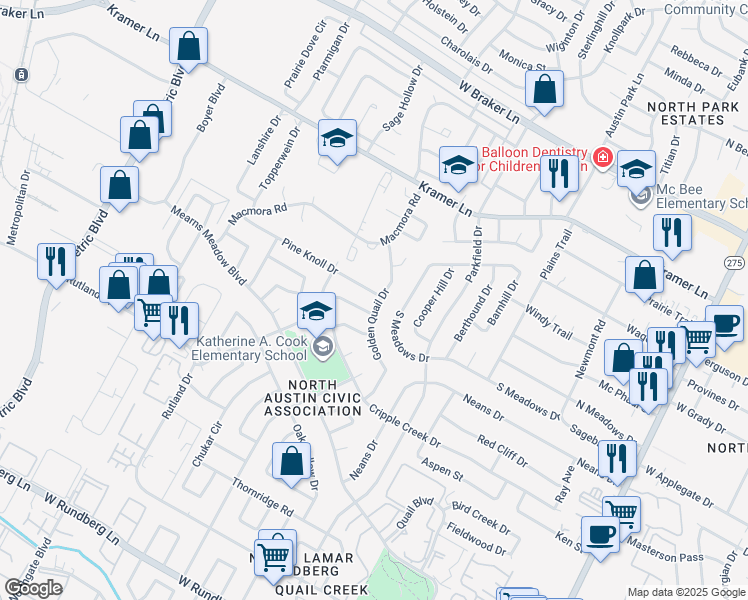 map of restaurants, bars, coffee shops, grocery stores, and more near 1401 Pine Knoll Drive in Austin