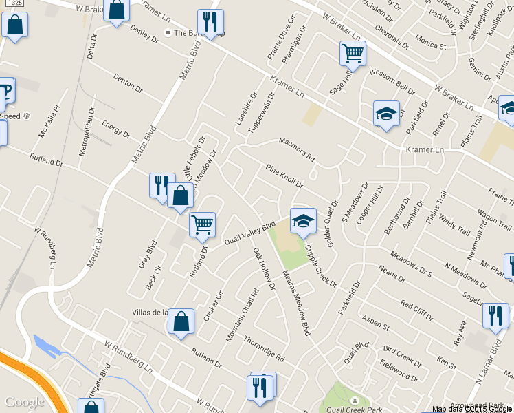 map of restaurants, bars, coffee shops, grocery stores, and more near 10301 Stubble Quail Drive in Austin