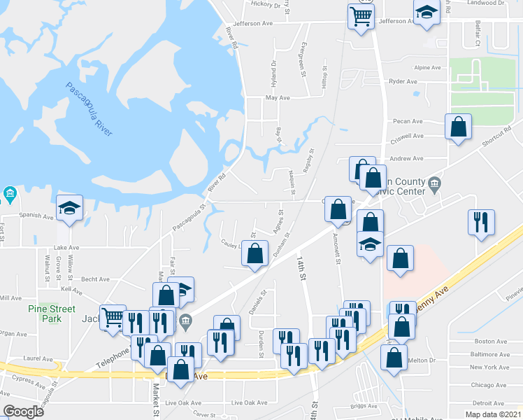 map of restaurants, bars, coffee shops, grocery stores, and more near 2216 Catalpa Avenue in Pascagoula
