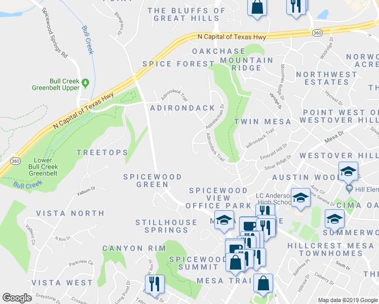 map of restaurants, bars, coffee shops, grocery stores, and more near 8308 Appalachian Drive in Austin