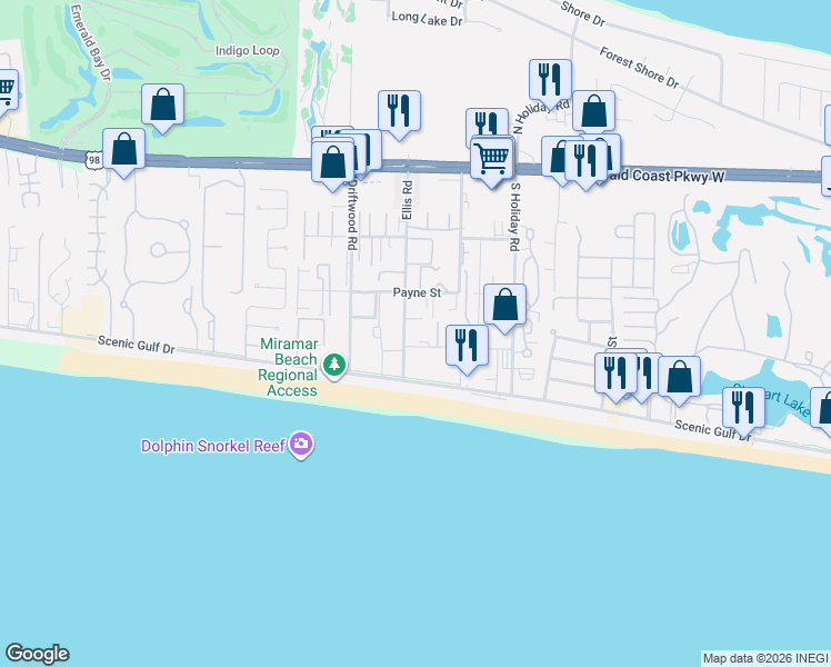 map of restaurants, bars, coffee shops, grocery stores, and more near 101 Ellis Road in Destin