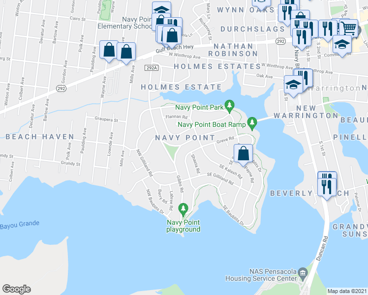 map of restaurants, bars, coffee shops, grocery stores, and more near 311 West Sunset Avenue in Pensacola