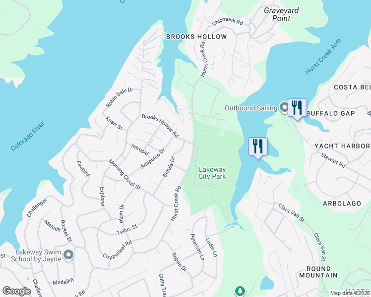 map of restaurants, bars, coffee shops, grocery stores, and more near 122 Betula Drive in Lakeway