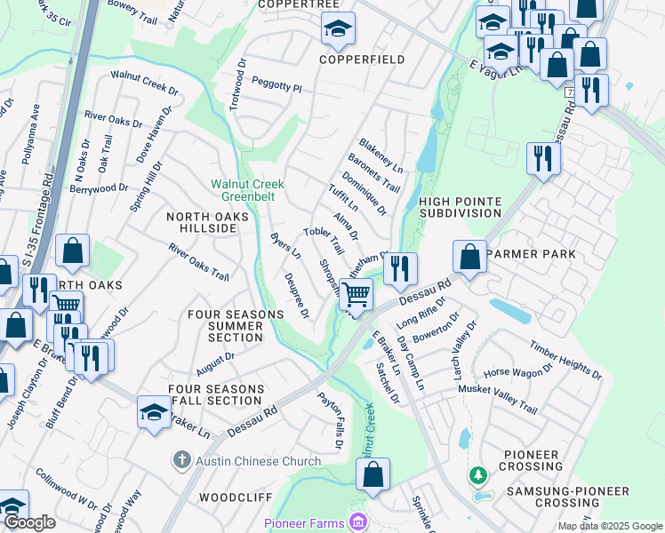 map of restaurants, bars, coffee shops, grocery stores, and more near 11831 Shropshire Boulevard in Austin