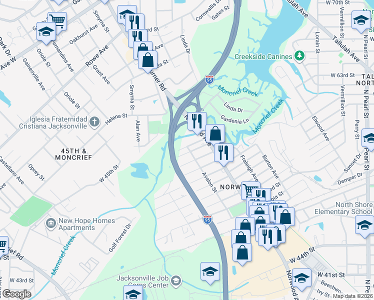 map of restaurants, bars, coffee shops, grocery stores, and more near 1005 Ardmore Street in Jacksonville