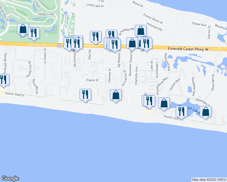 map of restaurants, bars, coffee shops, grocery stores, and more near 64 Cross Creek Road in Destin