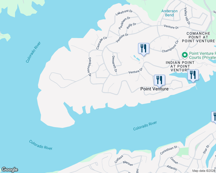 map of restaurants, bars, coffee shops, grocery stores, and more near 609 Augusta Circle in Lago Vista