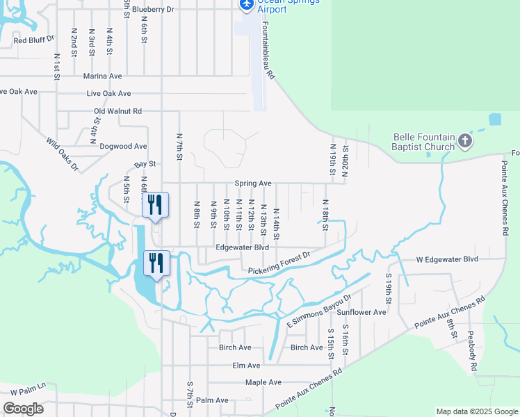 map of restaurants, bars, coffee shops, grocery stores, and more near 2621 North 13th Street in Ocean Springs