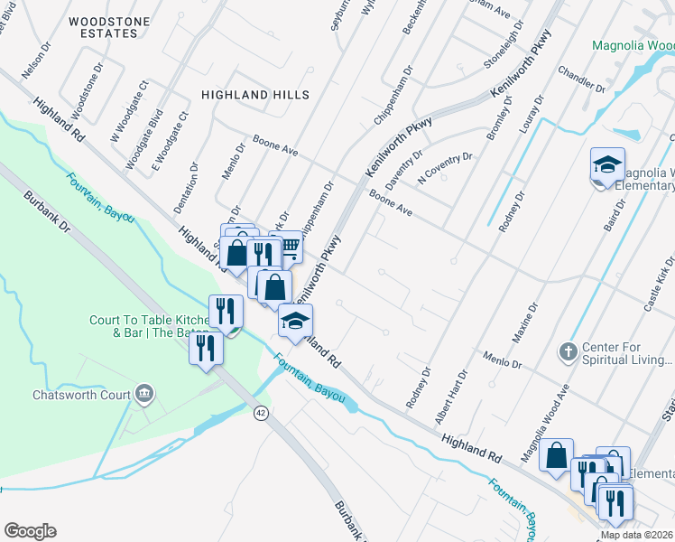 map of restaurants, bars, coffee shops, grocery stores, and more near 7474 Menlo Drive in Baton Rouge