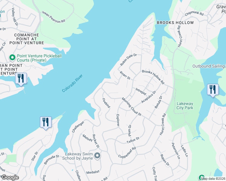 map of restaurants, bars, coffee shops, grocery stores, and more near 107 Firebird Cove in Lakeway
