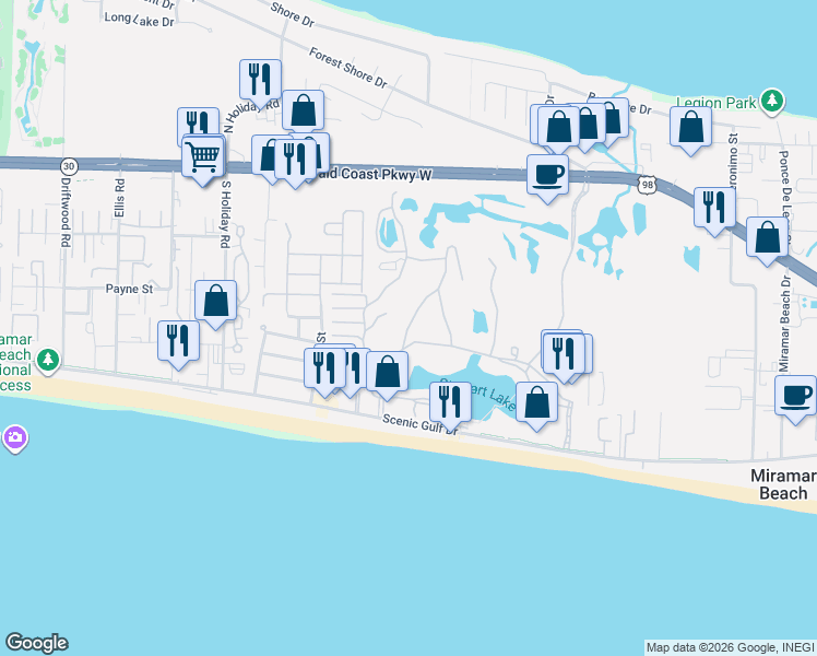 map of restaurants, bars, coffee shops, grocery stores, and more near 150 Seascape Drive in Miramar Beach