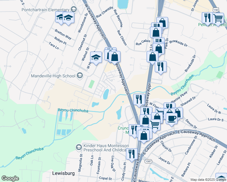 map of restaurants, bars, coffee shops, grocery stores, and more near 1200 Chinchuba Creek Boulevard in Mandeville