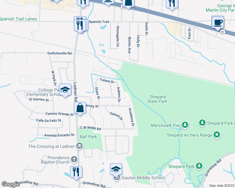 map of restaurants, bars, coffee shops, grocery stores, and more near 2613 Auburn Drive in Gautier