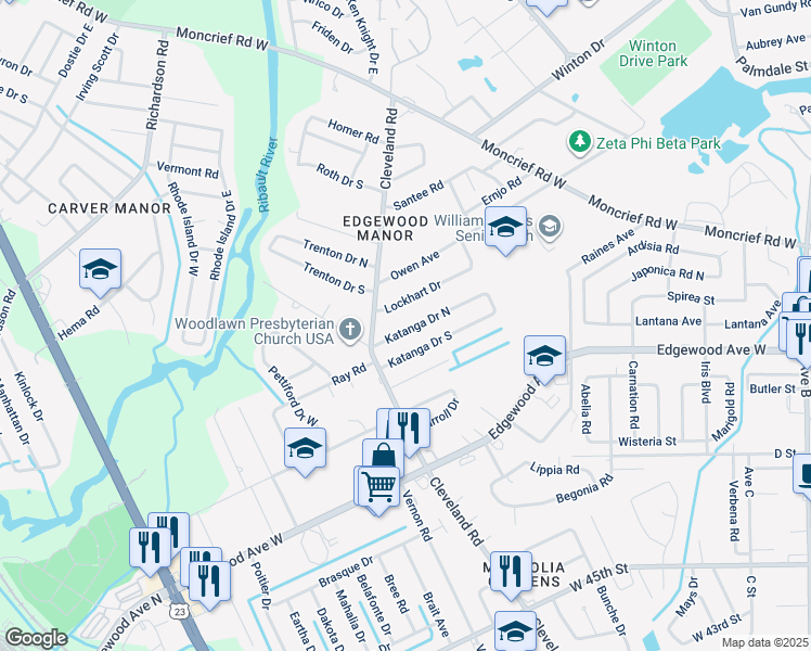 map of restaurants, bars, coffee shops, grocery stores, and more near 4233 Katanga Drive North in Jacksonville