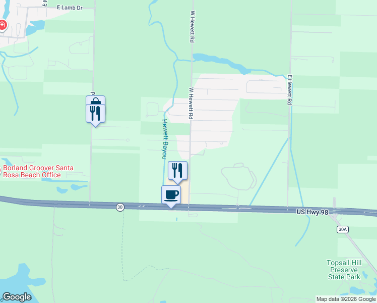 map of restaurants, bars, coffee shops, grocery stores, and more near 7 Monks Lane in Santa Rosa Beach