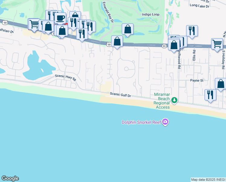 map of restaurants, bars, coffee shops, grocery stores, and more near 548 Sandy Cay Drive in Miramar Beach