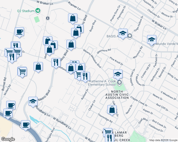 map of restaurants, bars, coffee shops, grocery stores, and more near 10219 Rutland Village West in Austin