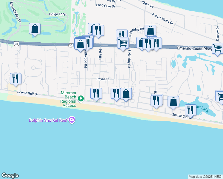 map of restaurants, bars, coffee shops, grocery stores, and more near 21 Le Soleil Drive in Miramar Beach