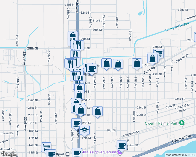 map of restaurants, bars, coffee shops, grocery stores, and more near 2408 23rd Avenue in Gulfport