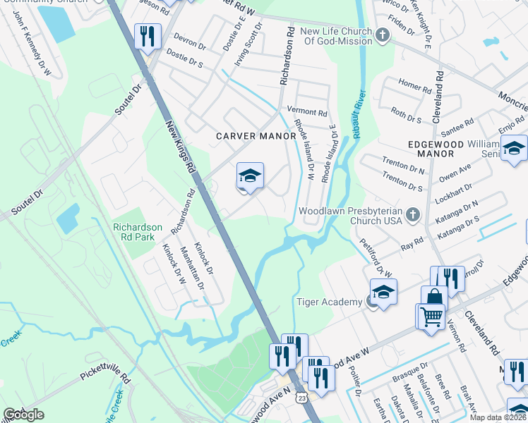 map of restaurants, bars, coffee shops, grocery stores, and more near 6554 Ribault Road in Jacksonville