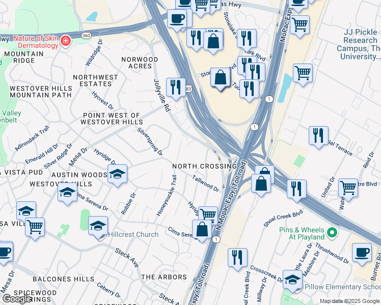 map of restaurants, bars, coffee shops, grocery stores, and more near 8810 Tallwood Drive in Austin