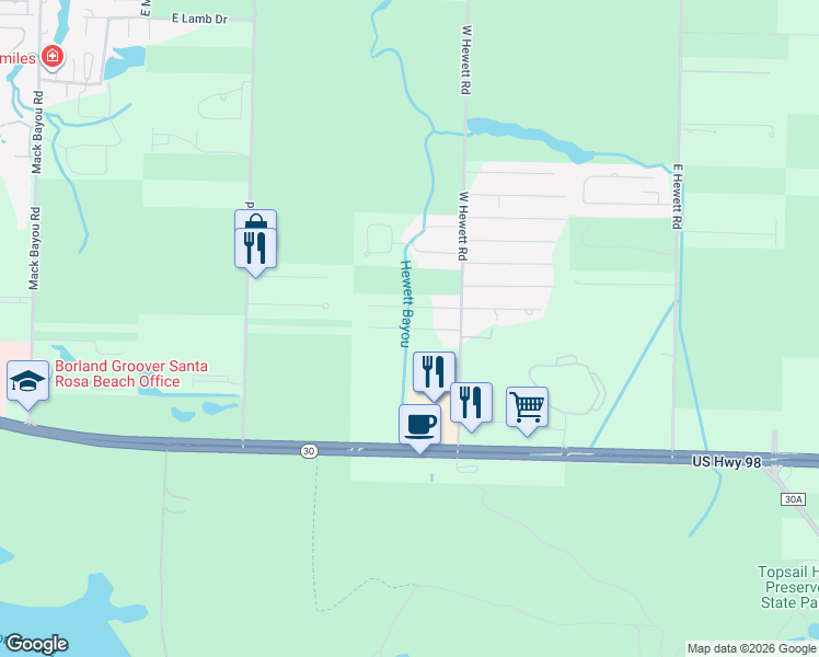 map of restaurants, bars, coffee shops, grocery stores, and more near Monks Lane in Santa Rosa Beach