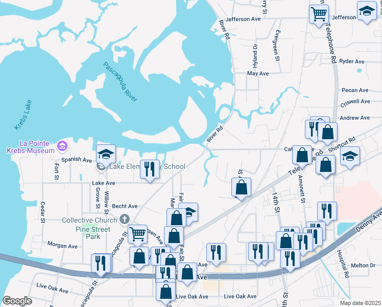 map of restaurants, bars, coffee shops, grocery stores, and more near 4505-4779 Pascagoula St in Pascagoula
