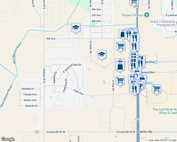 map of restaurants, bars, coffee shops, grocery stores, and more near 2300 North Cedar Street in Foley