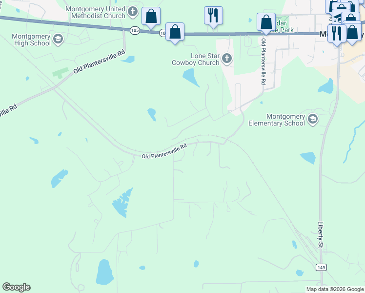 map of restaurants, bars, coffee shops, grocery stores, and more near Old Plantersville Road in Montgomery