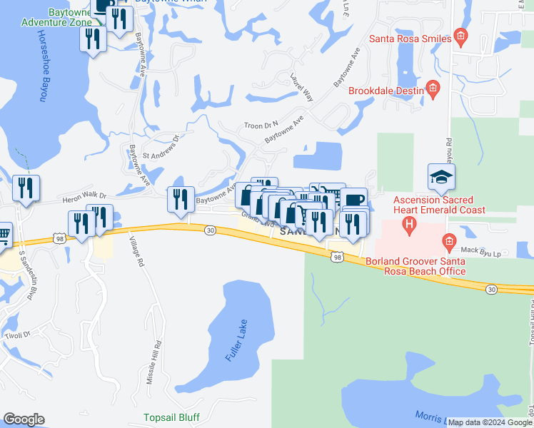 map of restaurants, bars, coffee shops, grocery stores, and more near 465 Grand Boulevard in Miramar Beach