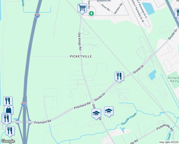 map of restaurants, bars, coffee shops, grocery stores, and more near 6859 Old Kings Road in Jacksonville