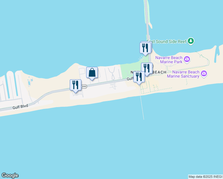 map of restaurants, bars, coffee shops, grocery stores, and more near 8499 Gulf Boulevard in Gulf Breeze