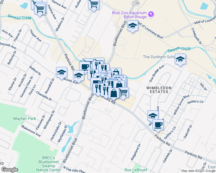 map of restaurants, bars, coffee shops, grocery stores, and more near 10000 Perkins Rowe in Baton Rouge