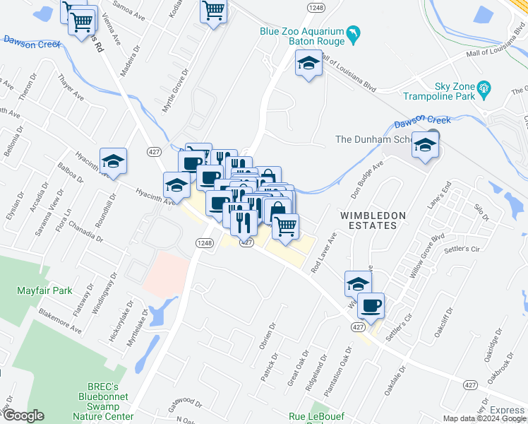 map of restaurants, bars, coffee shops, grocery stores, and more near 10001 Park Rowe Avenue in Baton Rouge