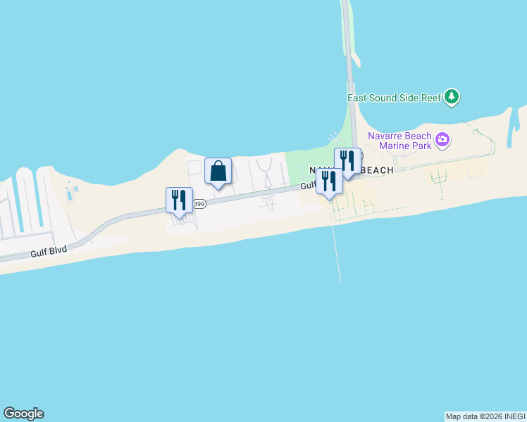 map of restaurants, bars, coffee shops, grocery stores, and more near 8499 Gulf Boulevard in Gulf Breeze