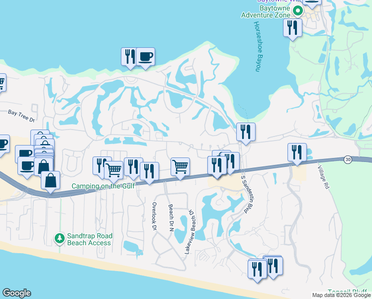 map of restaurants, bars, coffee shops, grocery stores, and more near 533 Augusta Place in Miramar Beach