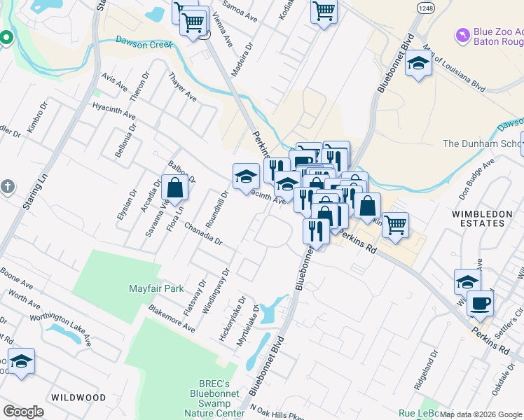 map of restaurants, bars, coffee shops, grocery stores, and more near 8008 Bluebonnet Boulevard in Baton Rouge
