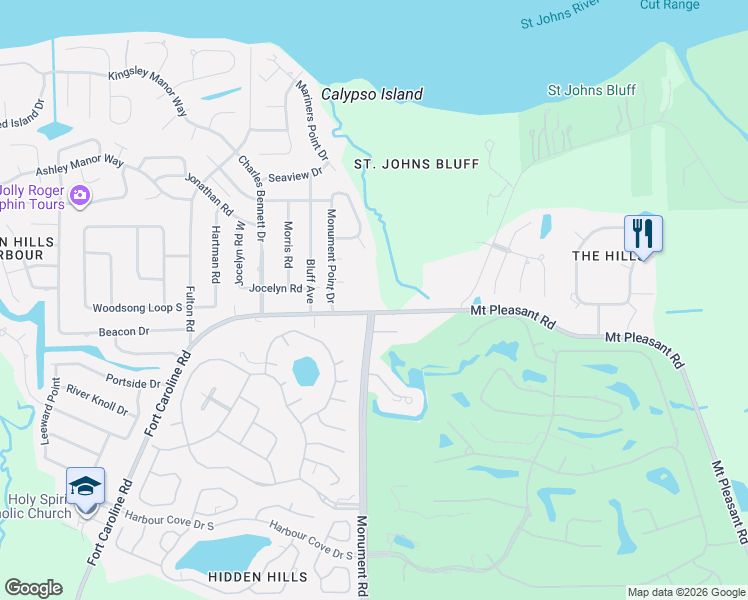 map of restaurants, bars, coffee shops, grocery stores, and more near 12355 Fort Caroline Road in Jacksonville