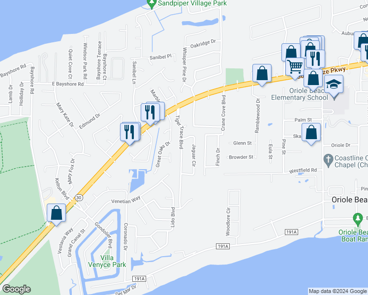 map of restaurants, bars, coffee shops, grocery stores, and more near 1176 Tiger Trace Boulevard in Gulf Breeze