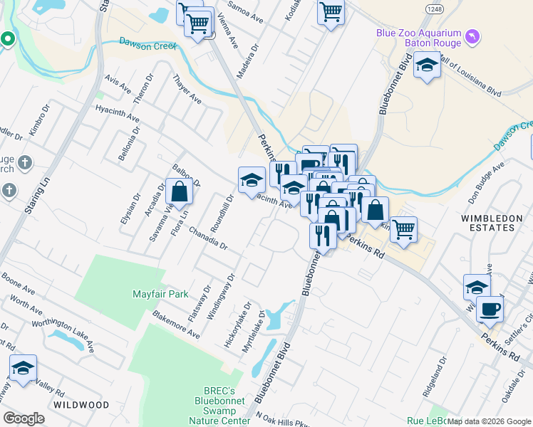 map of restaurants, bars, coffee shops, grocery stores, and more near 1319 Bromley Park Drive in Baton Rouge