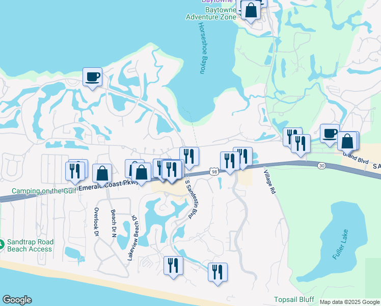 map of restaurants, bars, coffee shops, grocery stores, and more near 9300 Emerald Coast Parkway in Miramar Beach
