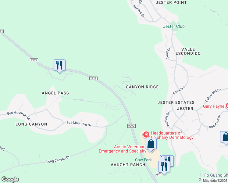 map of restaurants, bars, coffee shops, grocery stores, and more near 8100 Ranch Road 2222 in Austin