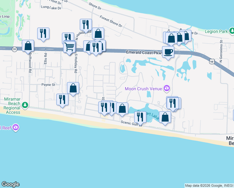map of restaurants, bars, coffee shops, grocery stores, and more near 196 North Driftwood Bay in Miramar Beach