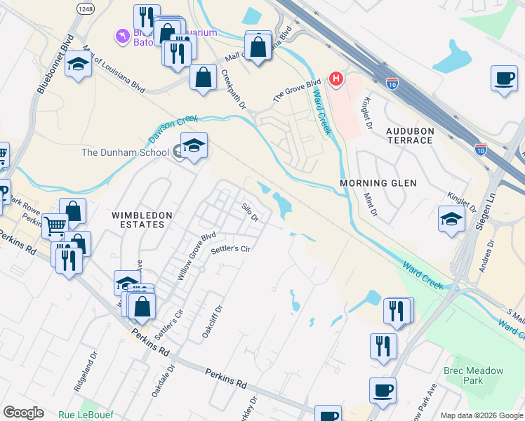 map of restaurants, bars, coffee shops, grocery stores, and more near 7415 Farm Row Avenue in Baton Rouge