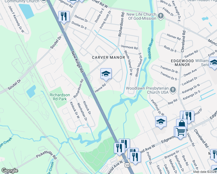 map of restaurants, bars, coffee shops, grocery stores, and more near 6554 Ribault Road in Jacksonville