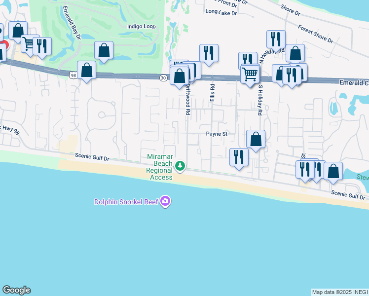 map of restaurants, bars, coffee shops, grocery stores, and more near 17 Newman Drive in Miramar Beach