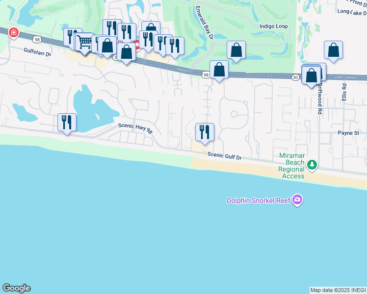map of restaurants, bars, coffee shops, grocery stores, and more near 3690 Scenic Highway 98 in Destin