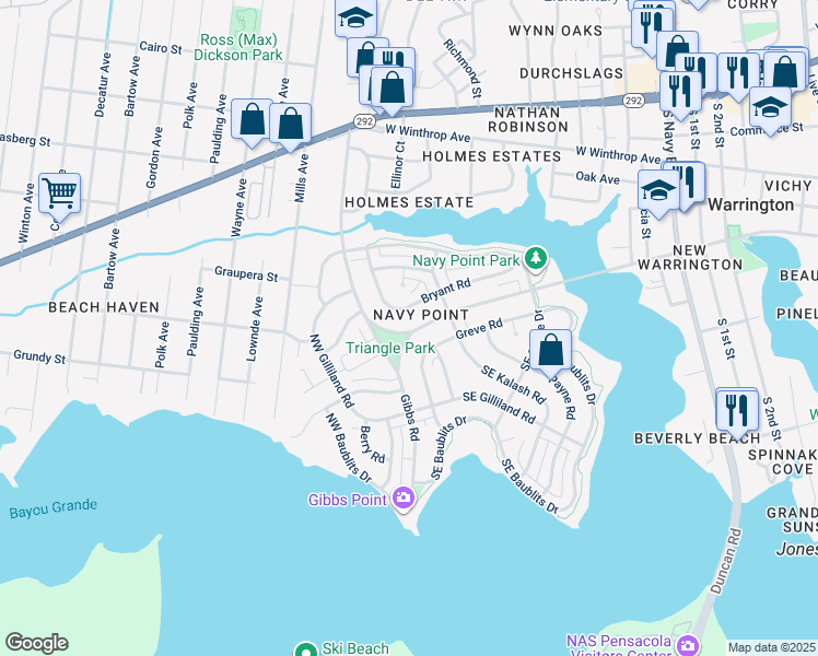 map of restaurants, bars, coffee shops, grocery stores, and more near 311 West Sunset Avenue in Pensacola
