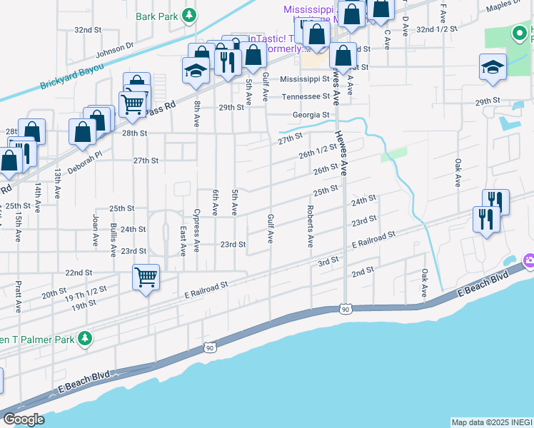 map of restaurants, bars, coffee shops, grocery stores, and more near 808 24th Street in Gulfport