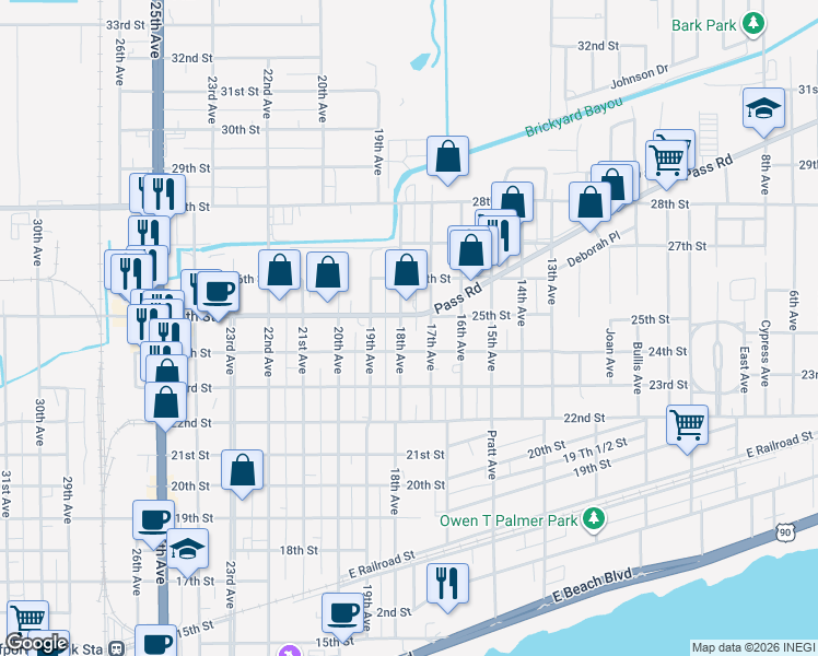 map of restaurants, bars, coffee shops, grocery stores, and more near 2406 18th Avenue in Gulfport